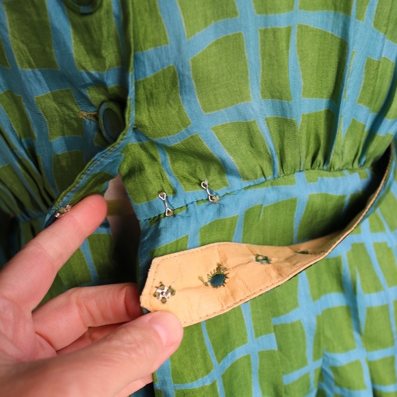 Vintage I. Magnan 100% Silk Green & Blue Geometric Square Shirt Dress - Picture 8 of 17